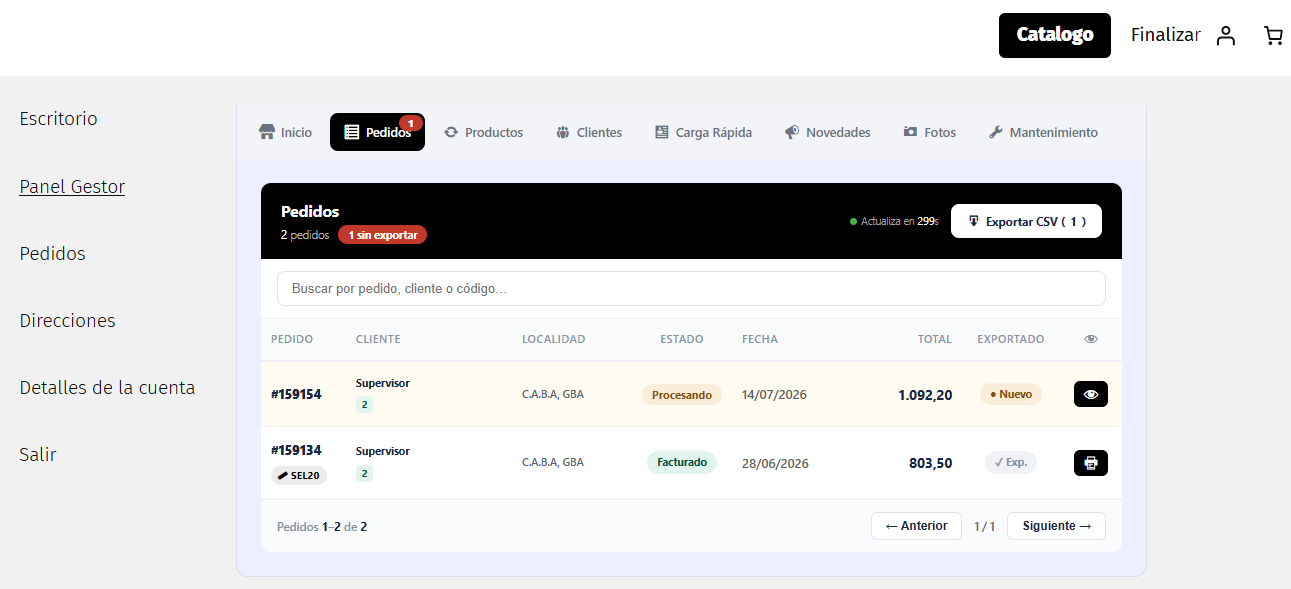 Listado de pedidos centralizado, actualizado en tiempo real