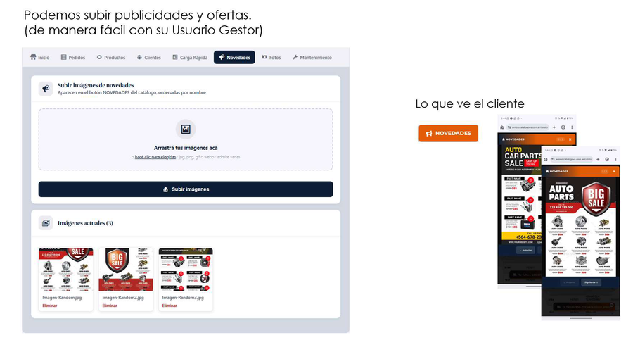 Panel de gestión de novedades de Catálogo VS: arrastrar y soltar fotos, vista previa de cómo lo ve el cliente